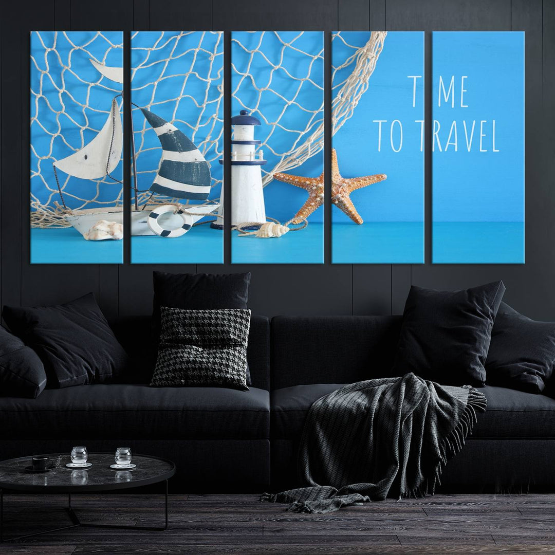 Sailing Boat Starfish and Lighthouse Wall Art Canvas Print