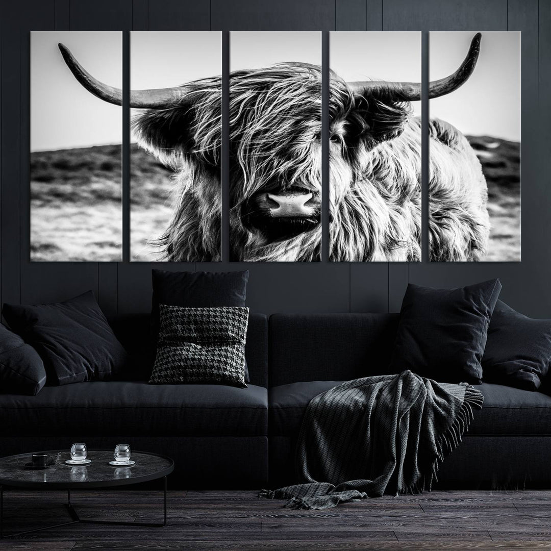 Highland Cow Wall Art | 3-Panel Black and White Highland Cow Canvas Print for Western Farmhouse Decor | Large Framed Giclee Canvas for Living Room