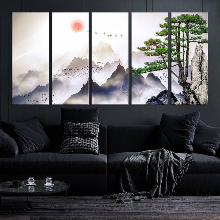 Japanese Tree Mountain Wall Art Canvas Print