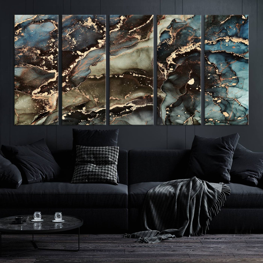 Black and Blue Marble Fluid Effect Wall Art Abstract Canvas Wall Art Print