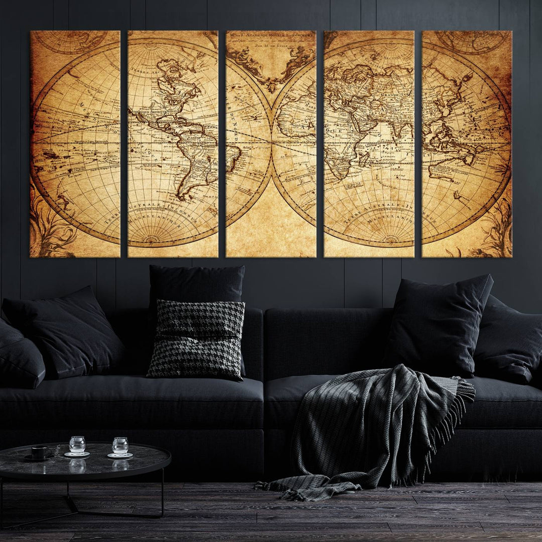 Vintage World Map Wall Art | 3-Panel Canvas Print for Living Room, Office, or Study | Giclee Canvas with Antique Design