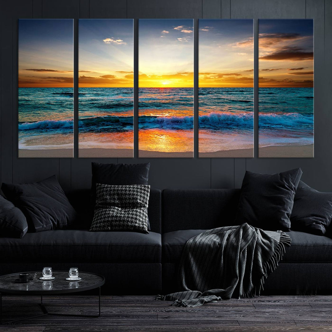 Vibrant Ocean Sunrise Over Golden Beach Waves, Giclee Canvas Wall Art Set, High-Quality Stretched Canvas Print, Ready to Hang Coastal Sunset Wall