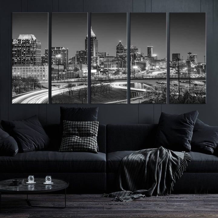 Atlanta City Lights Skyline Art mural noir et blanc Paysage urbain Impression sur toile