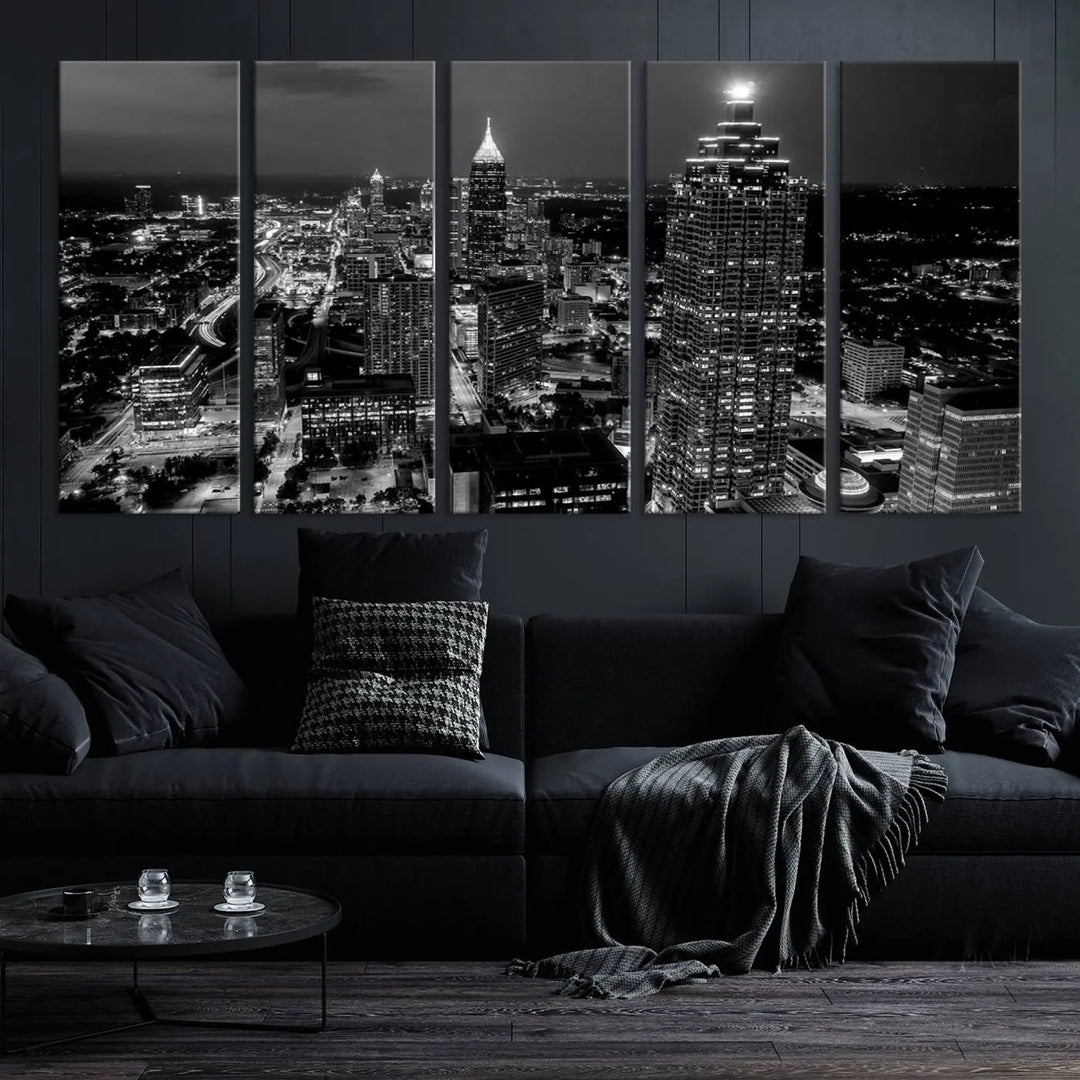 The Atlanta City Lights Skyline Black and White Wall Art Cityscape Canvas Print is elegantly displayed on the wall. These museum-quality canvases arrive ready to hang, making your art display both effortless and sophisticated.