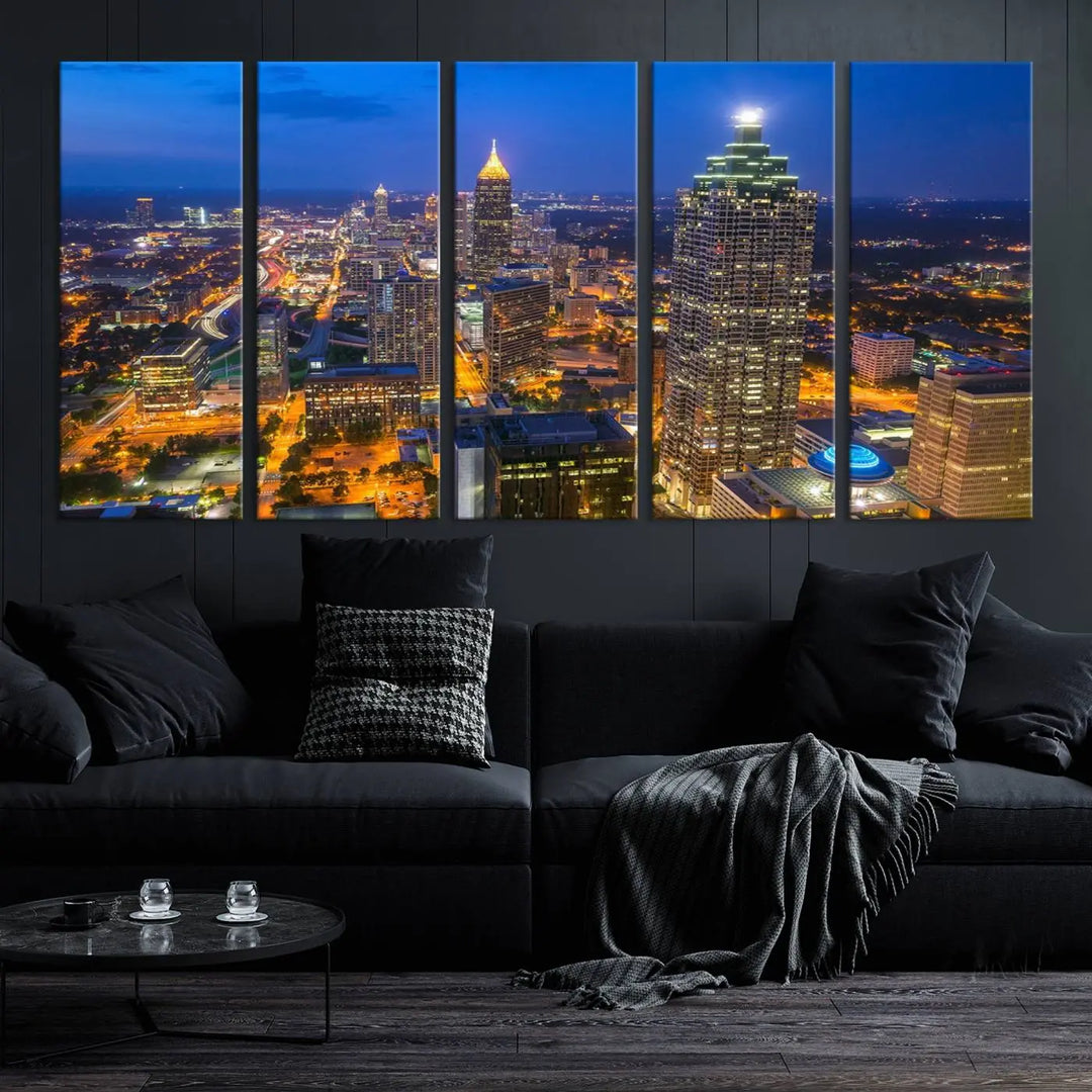 An elegant Atlanta City Blue Skyline Cityscape View Wall Art Canvas Print graces the wall, offering a sophisticated addition to your living space. Enjoy free shipping on this stylish piece.