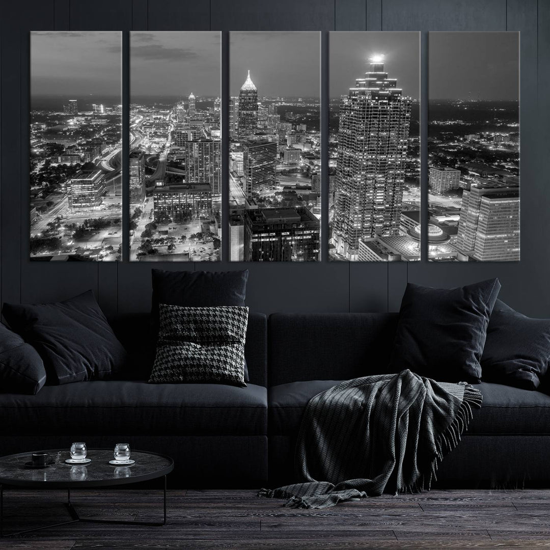 Atlanta City Skyline Art mural noir et blanc Paysage urbain Impression sur toile