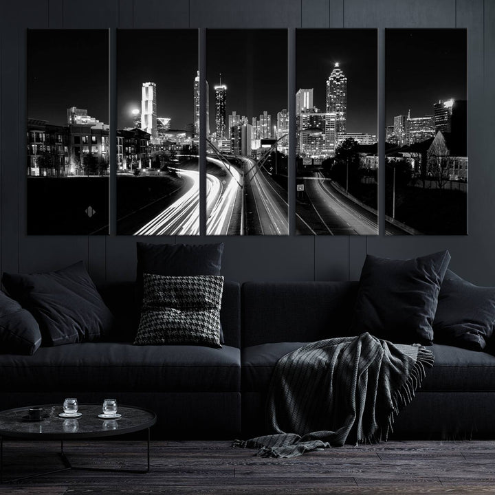 Atlanta City Lights Skyline Art mural noir et blanc Paysage urbain Impression sur toile