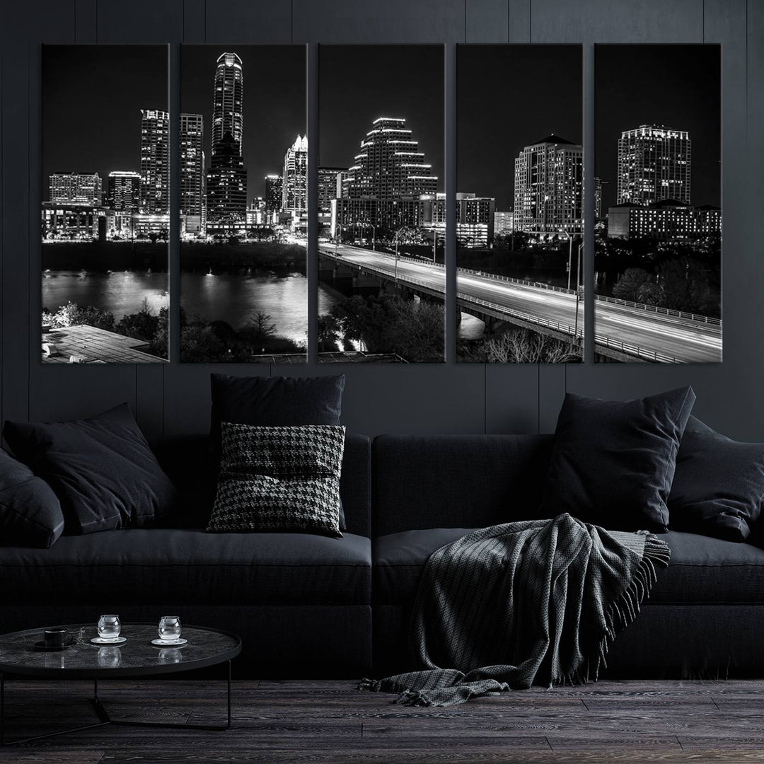 Austin City Lights Skyline Art mural noir et blanc Paysage urbain Impression sur toile