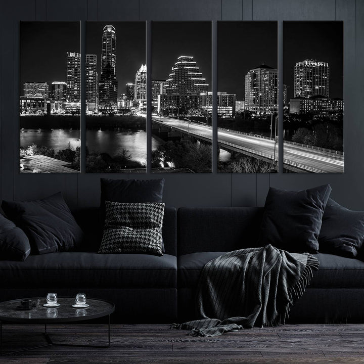 Austin City Lights Skyline Black and White Wall Art Canvas Print