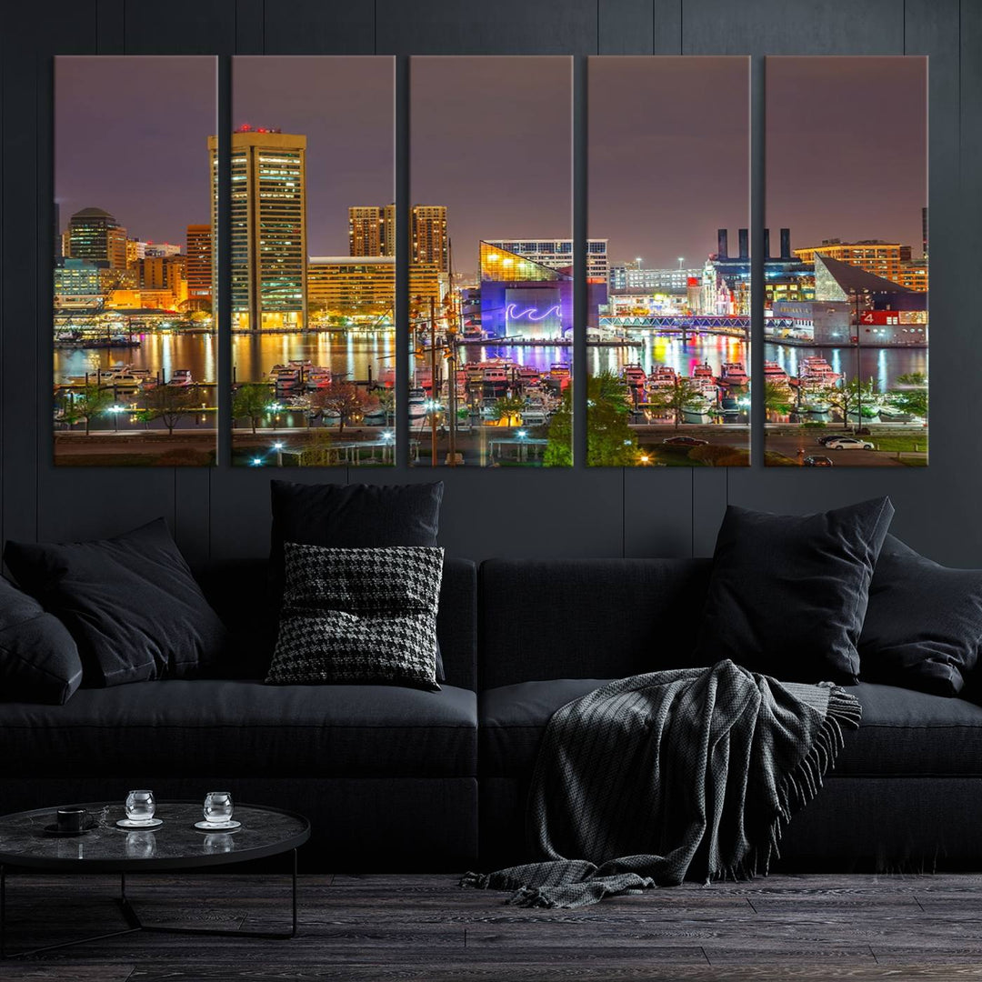 The Baltimore City Lights Night Skyline Cityscape View Wall Art Canvas Print is elegantly displayed on museum-quality canvas.