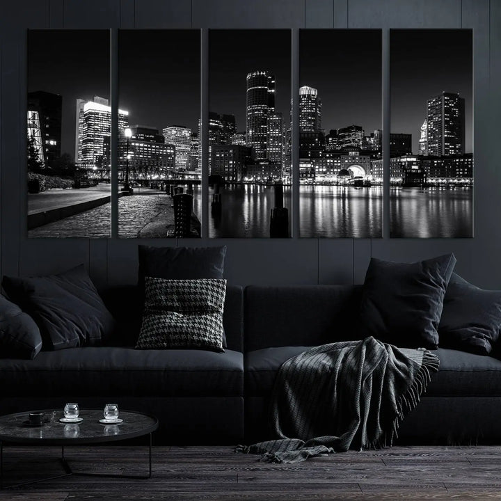 The living room showcases the Boston City Lights Skyline Black and White Wall Art Canvas Print.