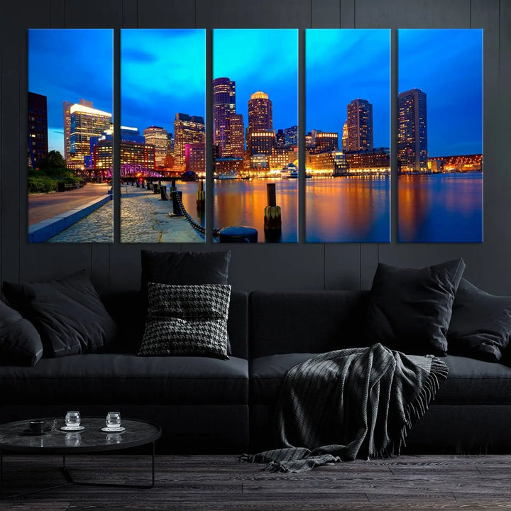 A triptych of the "Boston City Lights Night Blue Skyline Cityscape View Wall Art Canvas Print" adorns the wall. This museum-quality canvas artwork is ready to hang and includes a UV-protective coating for lasting brilliance.