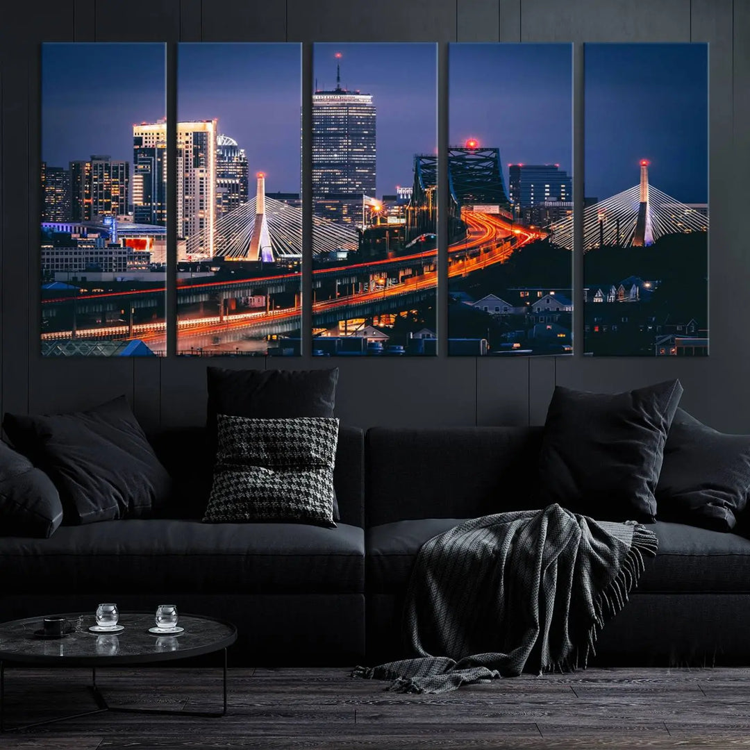 The "Boston City Lights Night Skyline Cityscape View" artwork on the wall showcases a brightly lit bridge at night. It is displayed on museum-quality canvas with a UV-protective coating.