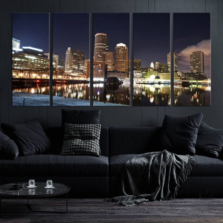 The Boston City Lights Skyline Cityscape View Wall Art Canvas Print showcases a nighttime cityscape on museum-quality canvas.