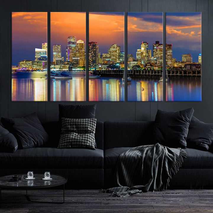 Boston City Night Blue and Orange Skyline Cityscape View Wall Art Canvas Print 