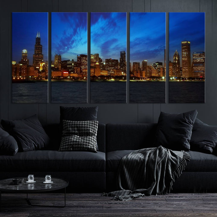 The "Chicago City Lights Night Blue Wall Art Canvas Print," a triptych of a city skyline at dusk rendered on museum-quality canvas with UV-protective coating, is featured in the living room.