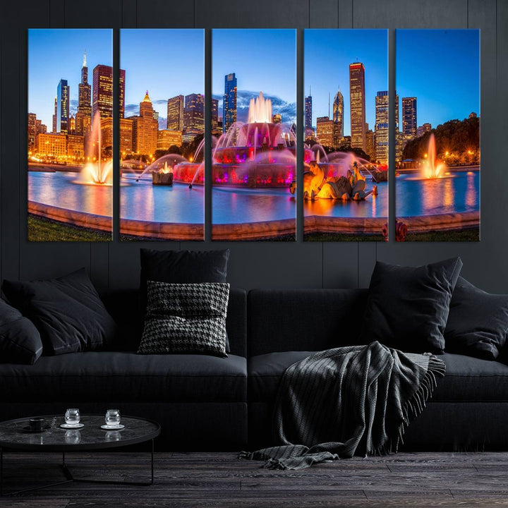 Chicago City Colorful Lights Night Skyline Cityscape View Wall Art Canvas Print