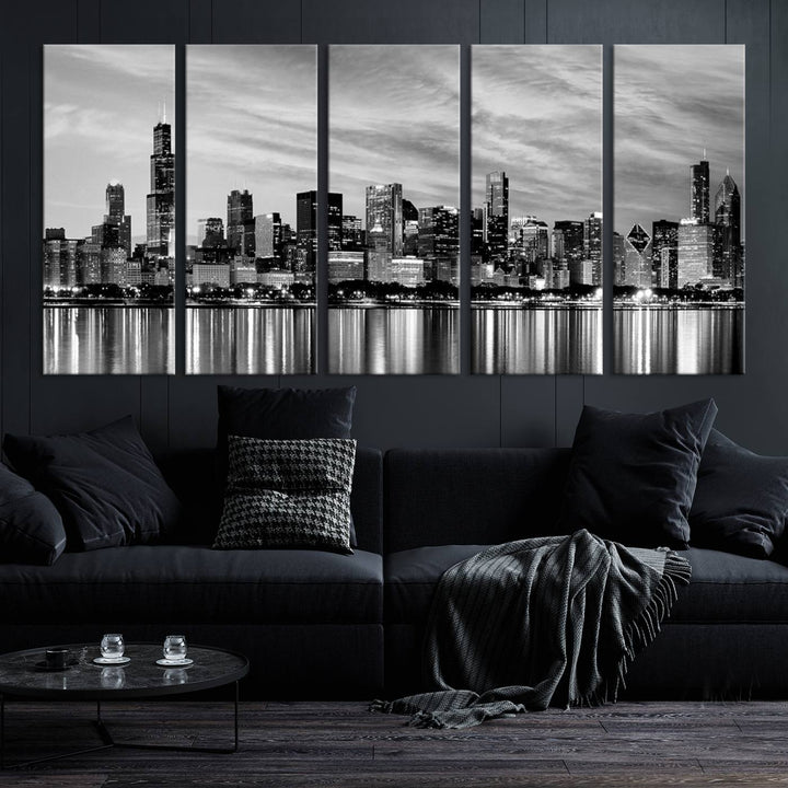 Chicago City Cloudy Skyline Black and White Wall Art Cityscape Canvas Print