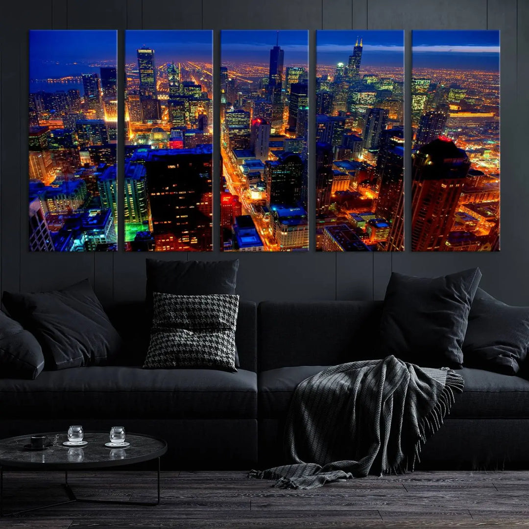 The "Chicago Night Skyline Wall Art" on museum-quality canvas adds long-lasting appeal to the living room.