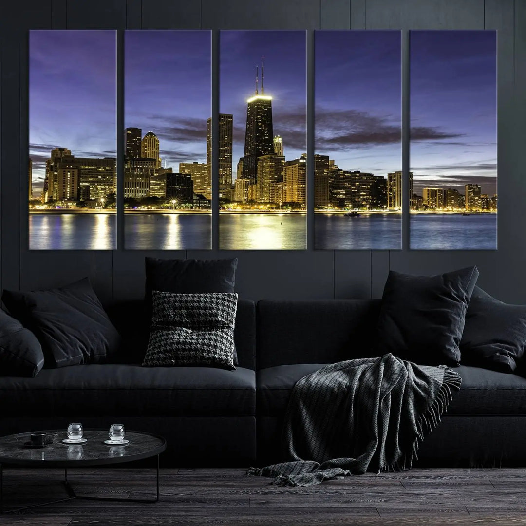 Chicago Night Skyline Cityscape Canvas Picture Print is a stunning three-panel wall art piece, perfect for adding sophistication to any setting. Crafted by professional artisans, this artwork features museum-quality canvases designed to enhance your space. Enjoy free shipping with your purchase.