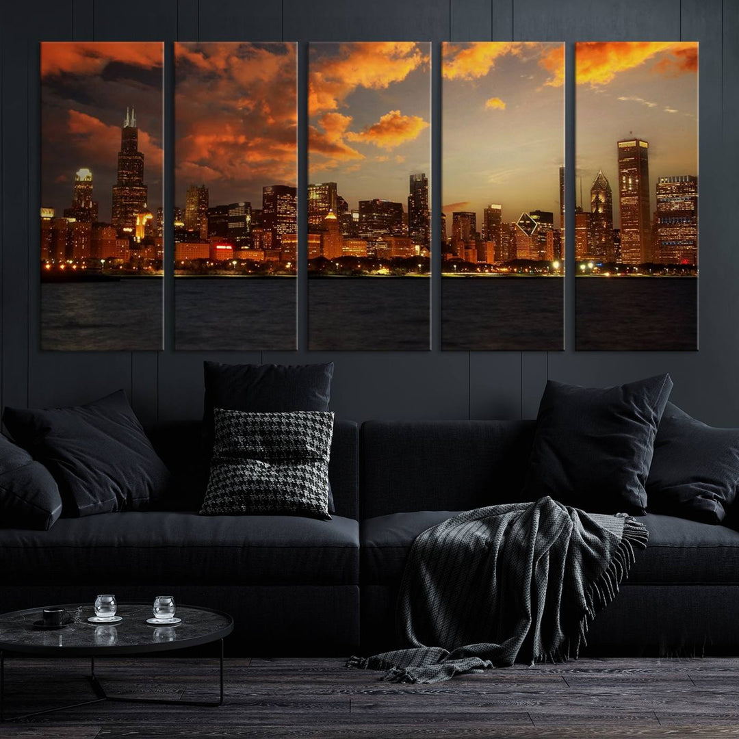 Chicago City Lights Coucher de soleil Orange Nuageux Skyline Paysage urbain Vue Art mural Impression sur toile