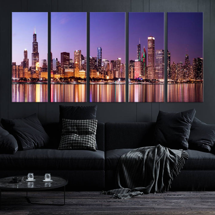 Chicago City Lights Night Purple Skyline Cityscape View Wall Art Canvas Print