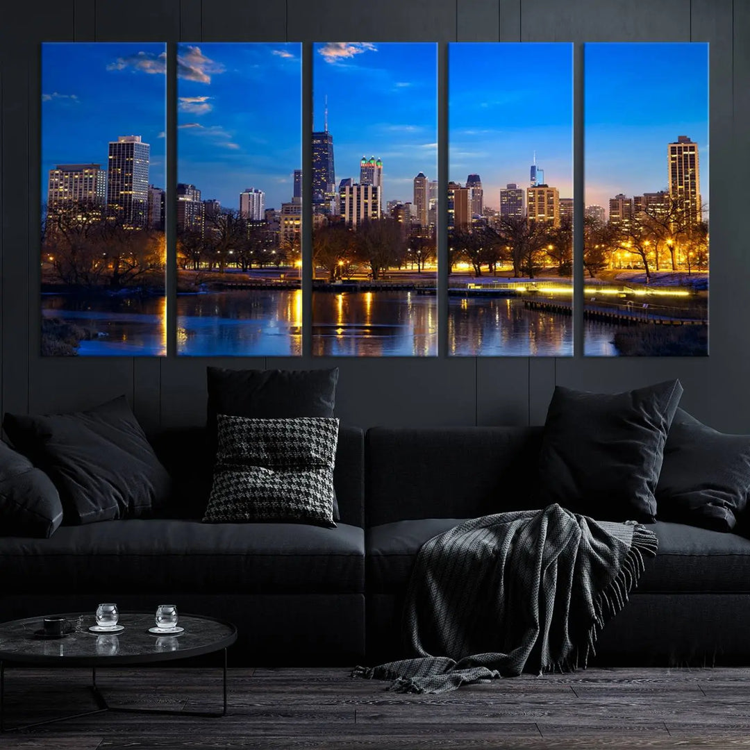 A triptych photo titled "Chicago City Lights Night Blue Skyline Cityscape View Wall Art Canvas Print" is elegantly displayed on gallery-wrapped, museum-quality canvases.