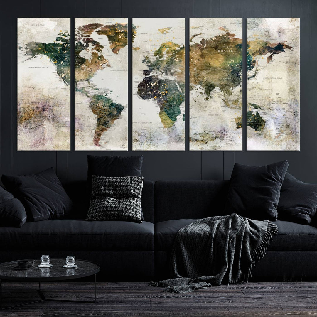 Impresión de arte de pared de mapa del mundo grande - Mapa en lienzo Galería Juego de pared de 3 paneles Regalo para mapa de viajero