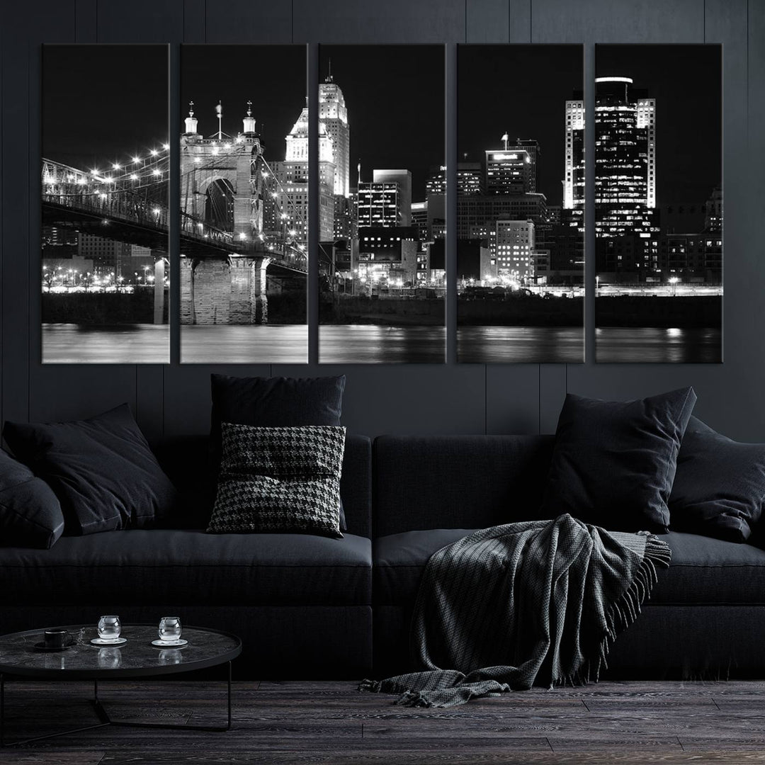 The Cincinnati City Skyline Black and White Wall Art Cityscape Canvas Print is prominently displayed.