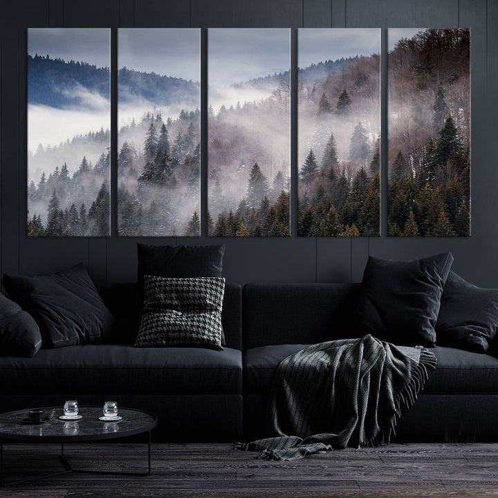 The "Beautiful Rising Fog in Winter Mountain Landscape" wall art is presented on museum-quality canvas, adding a striking visual element to the living room.