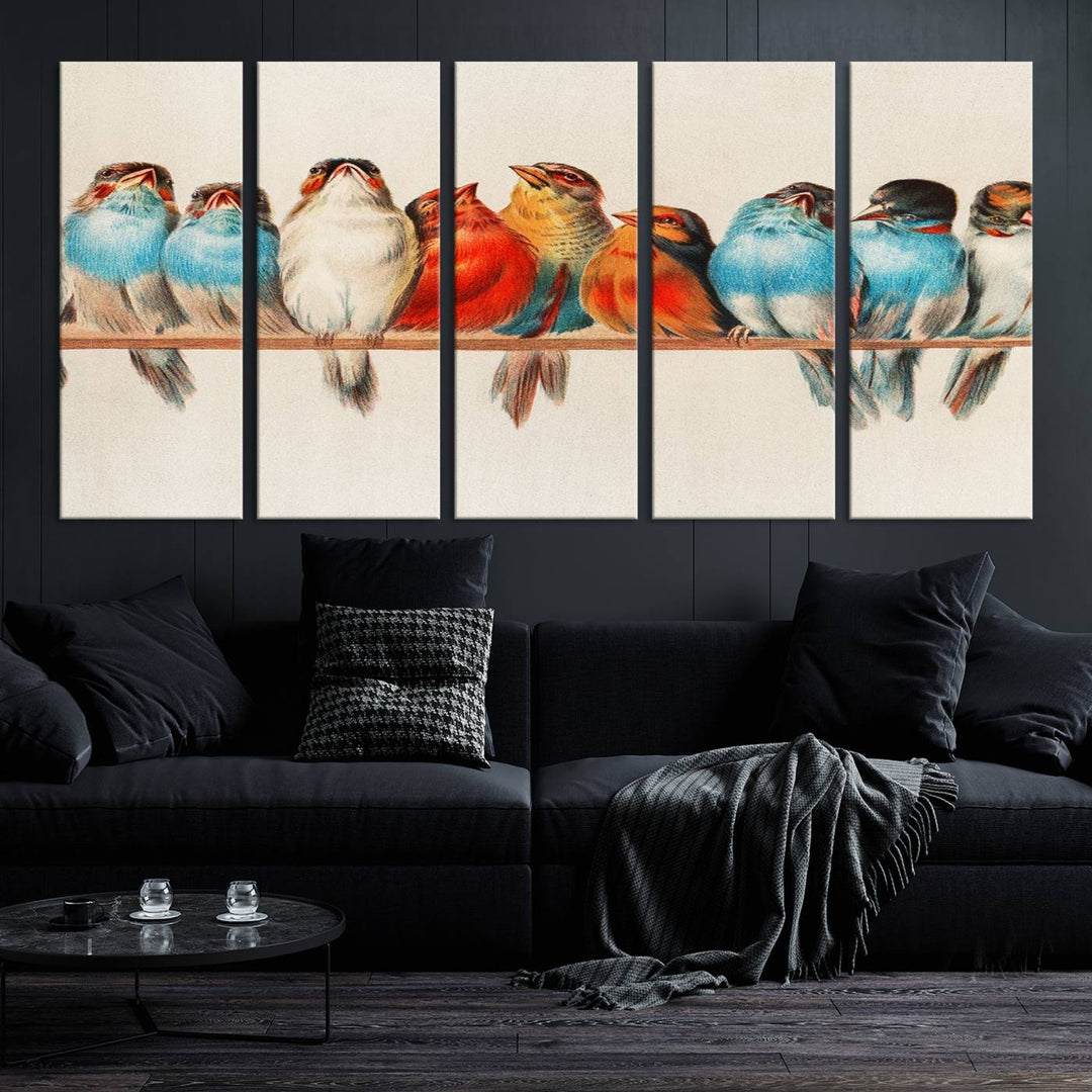 The Abstract Birds Wall Art Canvas Print, featuring a triptych of colorful birds perched on a branch, is printed on museum-quality canvas and equipped with a UV-protective coating and ready-to-hang design. This artwork adds vibrant elegance to your living space.