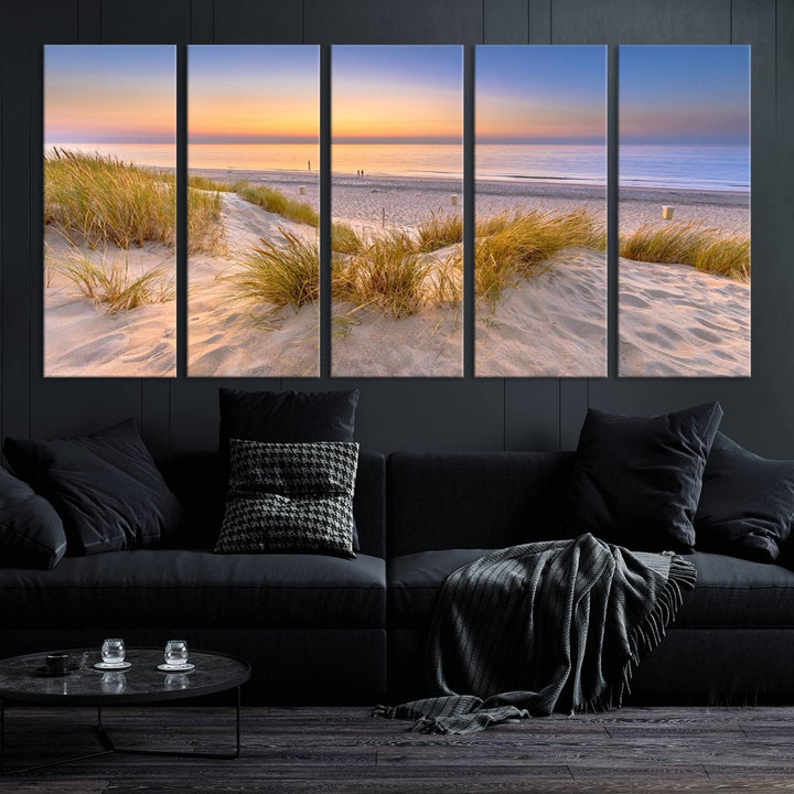 The "Sunset Silence on the Beach" wall art canvas print features a serene beach scene at sunset on museum-quality canvas with a UV-protective coating.