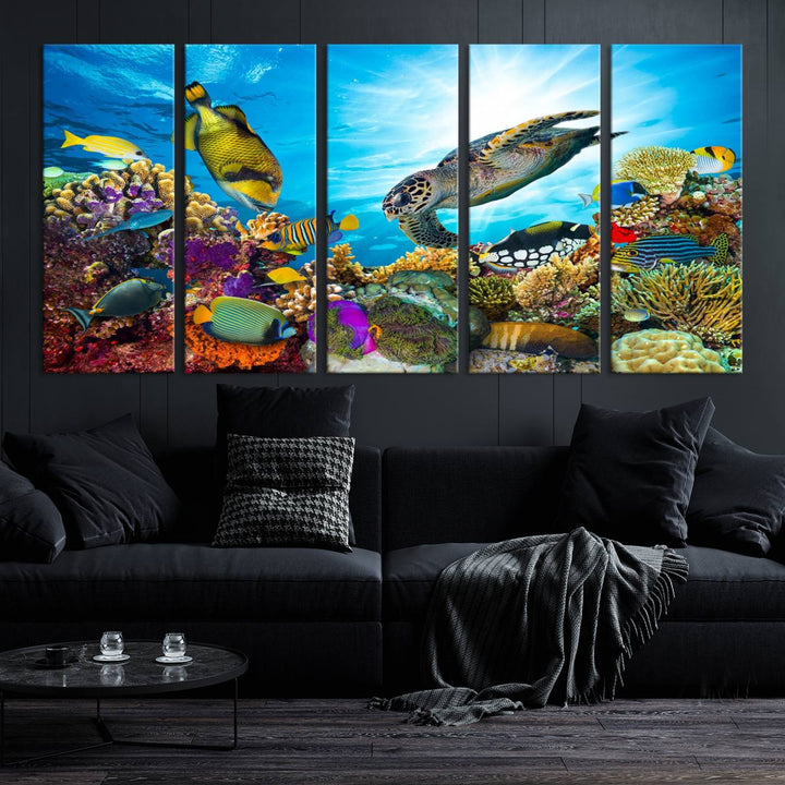 The Aquatic Life Sea Turtles Fish Wall Art Canvas Print is a triptych of vibrant underwater scenes featuring a sea turtle, various fish, and colorful coral. Crafted on museum-quality canvas, this handcrafted masterpiece brings the ocean to life in any space.