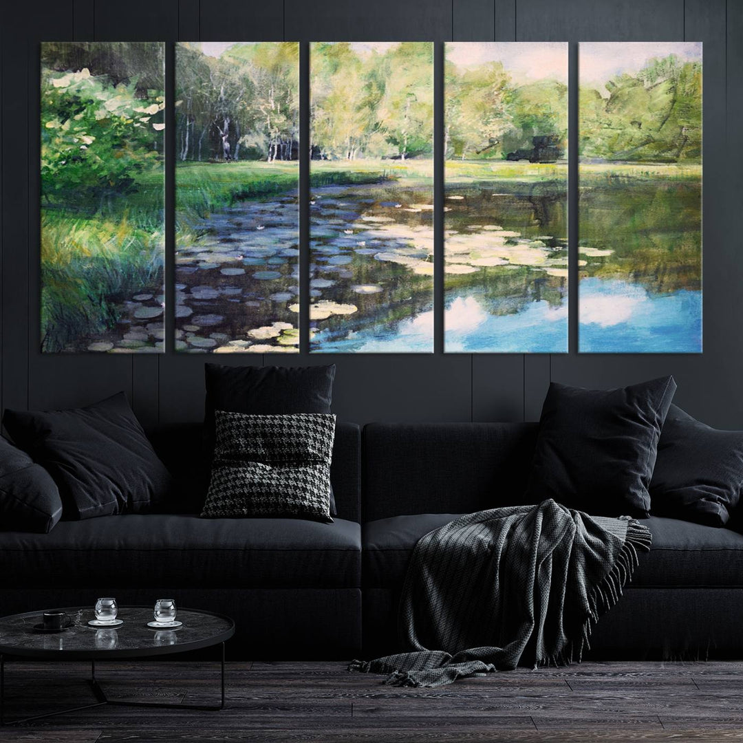 The "Forest Pond River Lake Wall Art Canvas Print" showcases a serene lakeside landscape with trees and water lilies. Crafted on museum-quality canvases and enhanced with UV-protective coating, this piece serves as an elegant addition to any space.