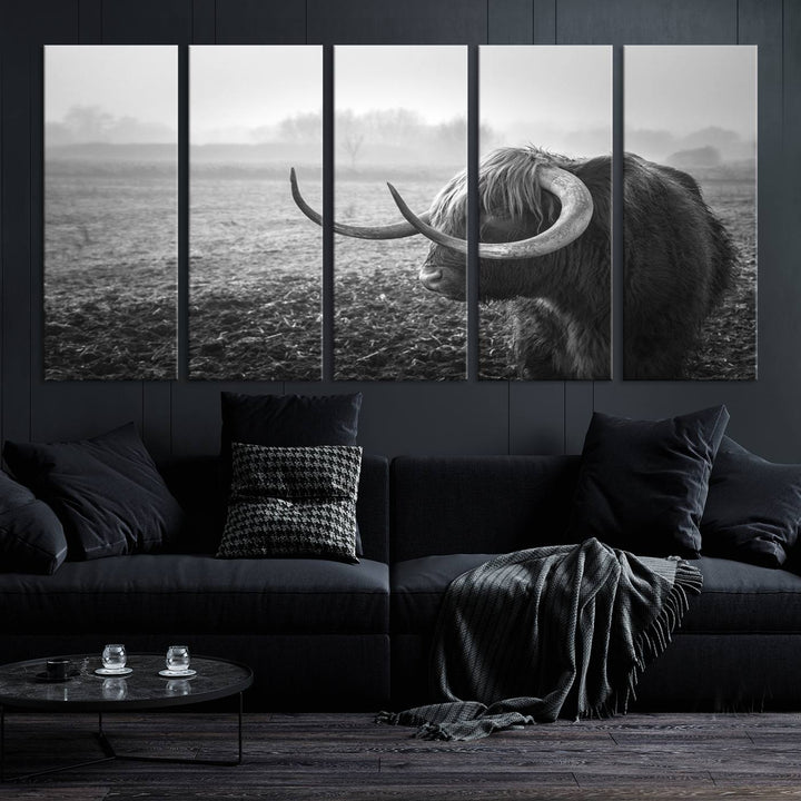 The living room features a three-panel wall art of a highland cow in a foggy field, using the Cow Wall Art Canvas Print for visual impact. This museum-quality canvas includes UV-protective coating to ensure longevity.