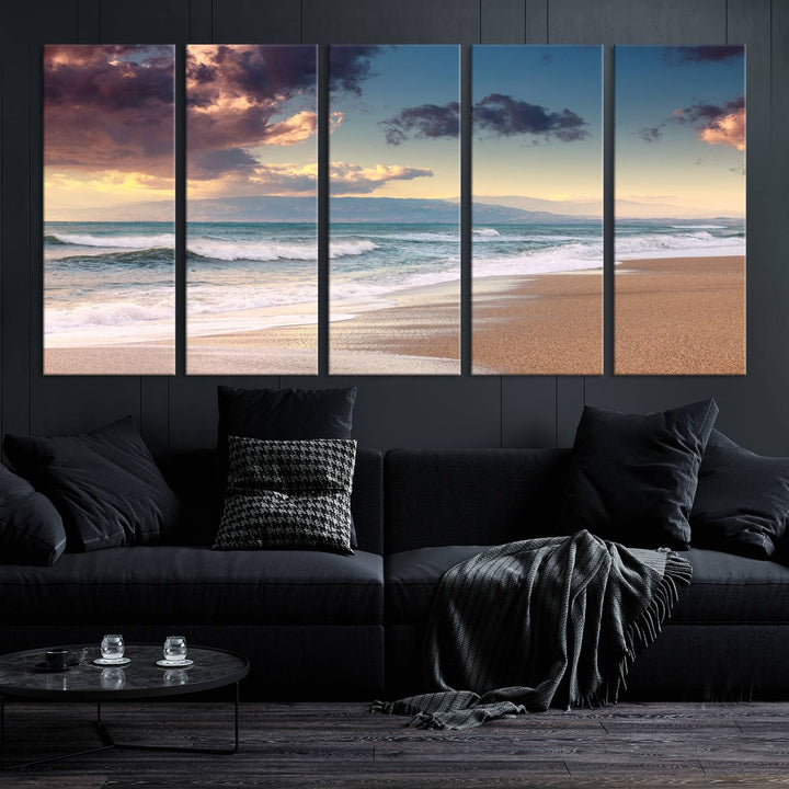 Arte de la pared del amanecer del atardecer de la playa del clima nublado Lienzo