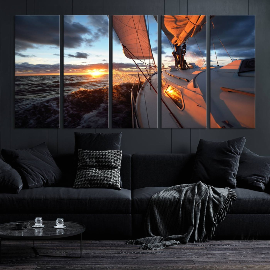 The modern living room is adorned with the Ocean Sunset Sailboat Wall Art, a triptych crafted on museum-quality canvas featuring UV-protective coating for lasting vibrancy.