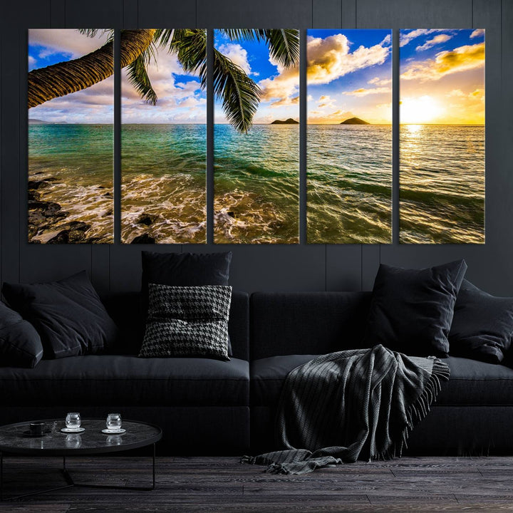 The Sunset Lake View Wall Art Canvas Print, gallery wrapped on a museum-quality canvas, enhances the vibrant living room decor with its UV-protective coating.