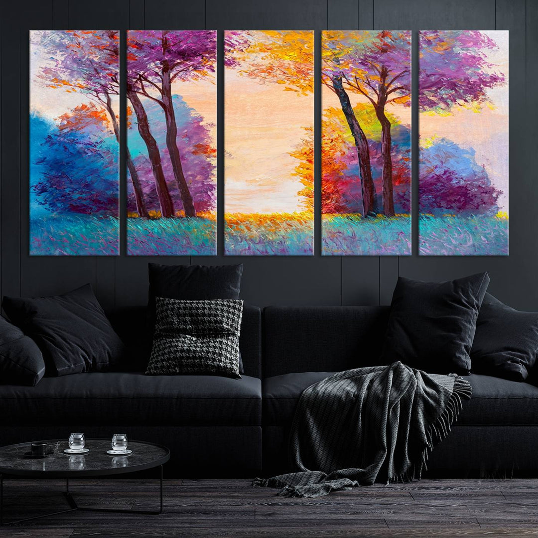 Oil Paint Effect Trees Wall Art Canvas Print features a UV-protective coating for lasting vibrancy.