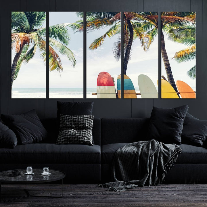 The room showcases The Palm and Surfing Board Wall Art Canvas Print, a triptych of palm trees and surfboards by the beach, elegantly gallery wrapped for a sophisticated finish.