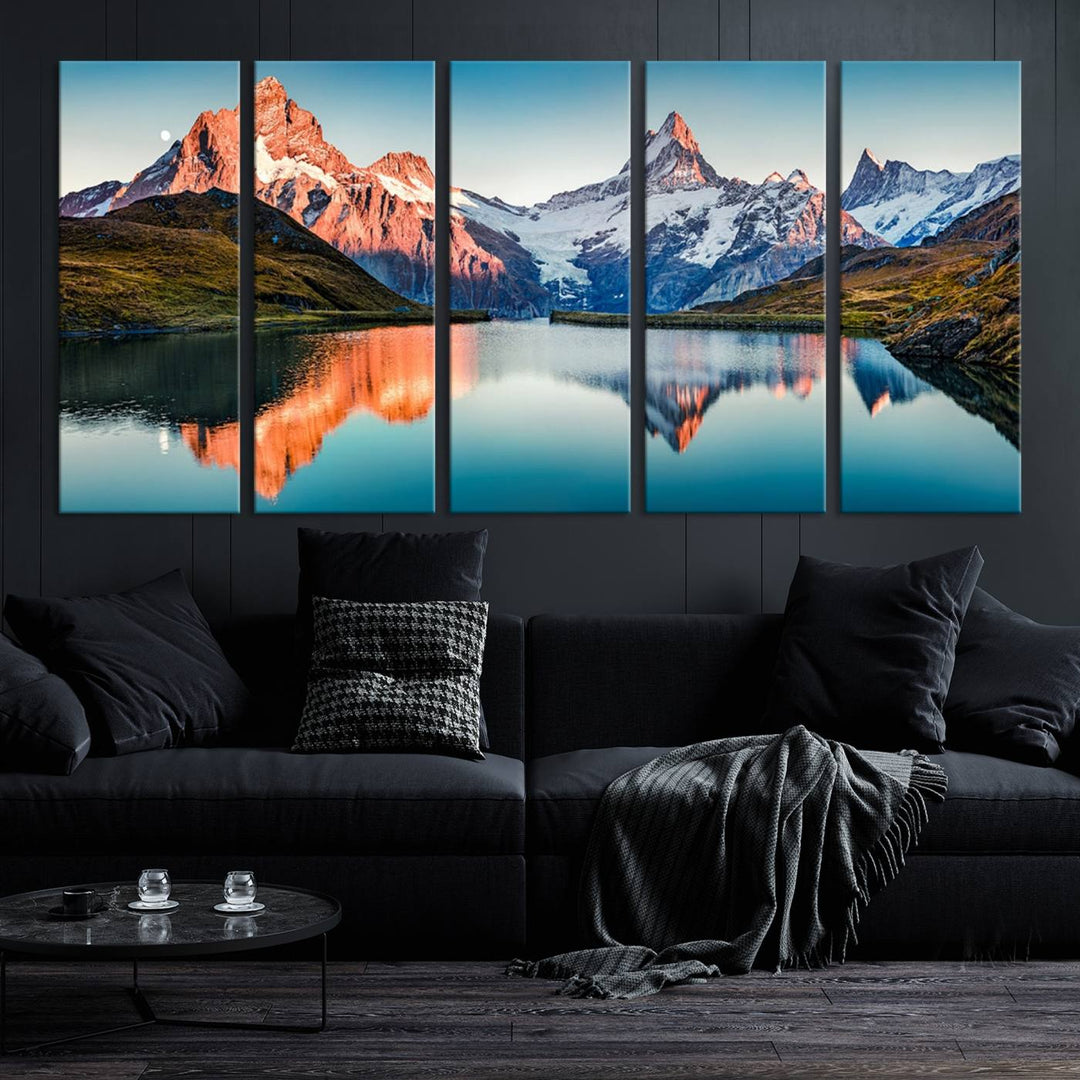 The living room features the Landscape Mountain and Lake View Wall Art Canvas Print. This triptych is expertly handmade in the USA on museum-quality canvas and includes a UV-protective coating to ensure lasting beauty.