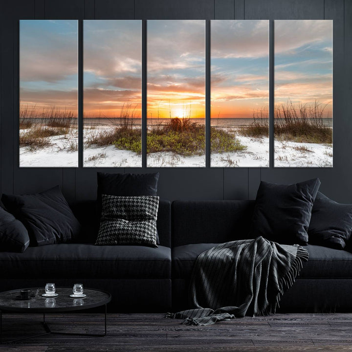 The Beach Ocean Sunset Sand Wall Art Canvas Print is expertly crafted on museum-quality canvases with a UV-protective coating.