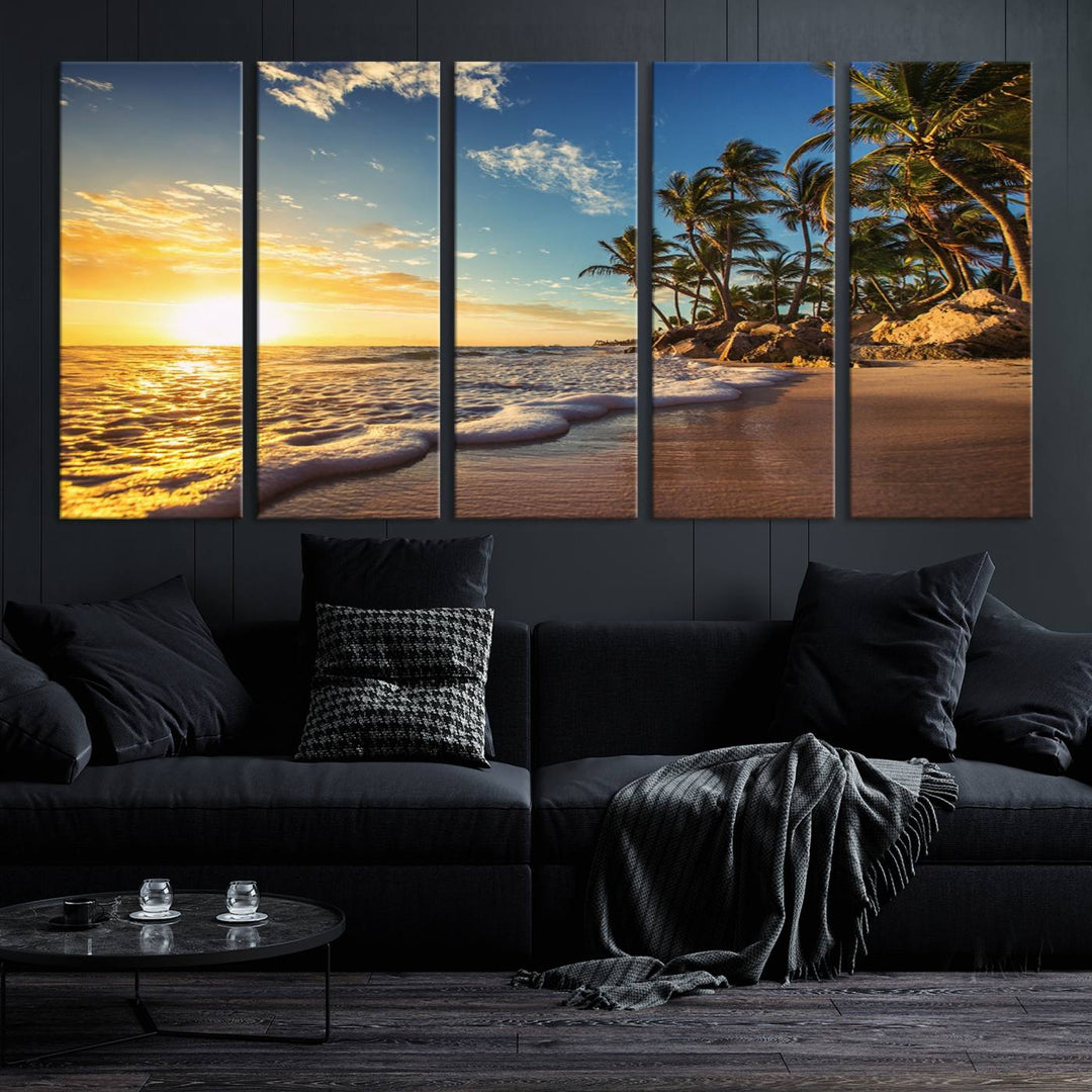 The wall features a Sunset Ocean View Beach Canvas Print, showcasing museum-quality craftsmanship by professional artisans.