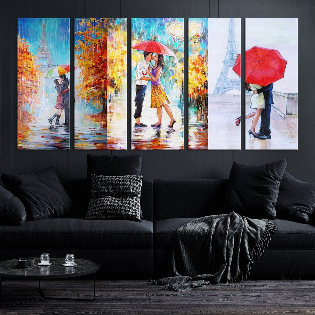 A triptych of the "Love in Paris Wall Art Canvas Print" showcases a couple with an umbrella in romantic settings. This artwork is crafted on museum-quality canvas and features a UV-protective coating for peace of mind. It also comes with the added convenience of free shipping.