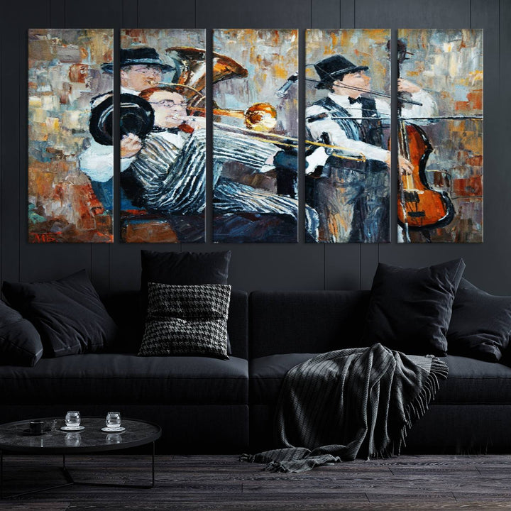 The Good Old Days Musicians Wall Art Canvas Print graces the wall, merging art with elegance. This museum-quality canvas comes with a UV-protective coating and is ready to hang.