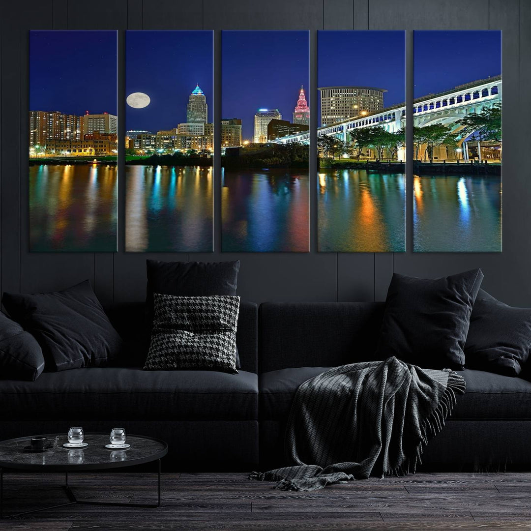 Cleveland City Lights Night Skyline, a stunning triptych wall art cityscape canvas print with museum-quality UV-protective coating, is beautifully showcased.