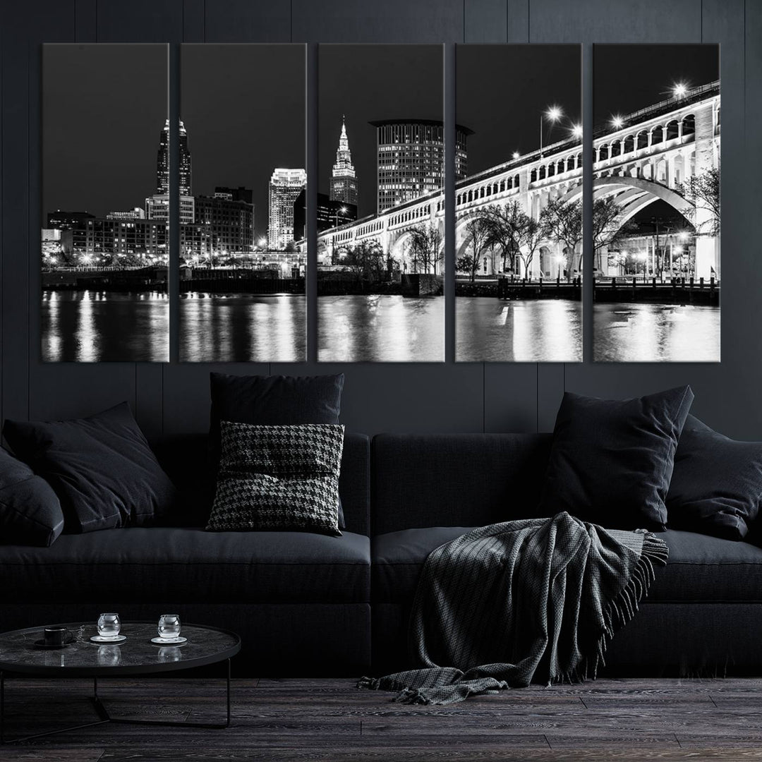 Enhance your space with the Cleveland Night Skyline Wall Art City Cityscape Canvas Print, a museum-quality black and white triptych. This ready-to-hang masterpiece is designed to elevate any room's aesthetic.