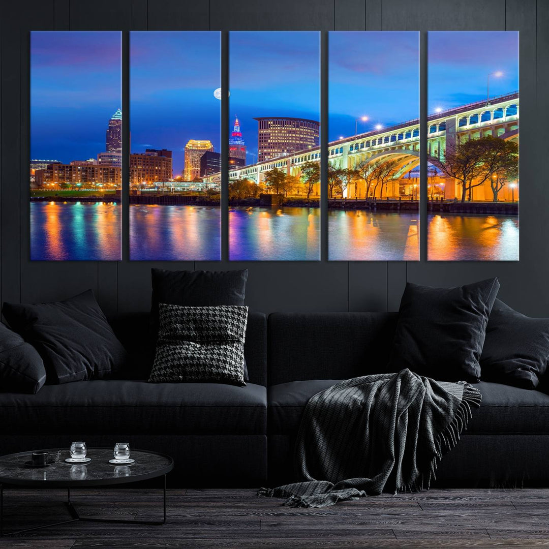 The Cleveland Night Skyline Wall Art City Cityscape Canvas Print portrays a city skyline and bridge lit up against the night sky. This artwork is printed on museum-quality canvas with a gallery-wrapped finish and features a UV-protective coating to ensure lasting vibrancy.