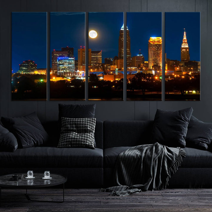 The "Cleveland Night Skyline Wall Art City Cityscape Canvas Print" adds elegance to the room with its depiction of a city skyline and full moon on museum-quality canvas. The artwork is enhanced by a UV-protective coating to ensure lasting brilliance.