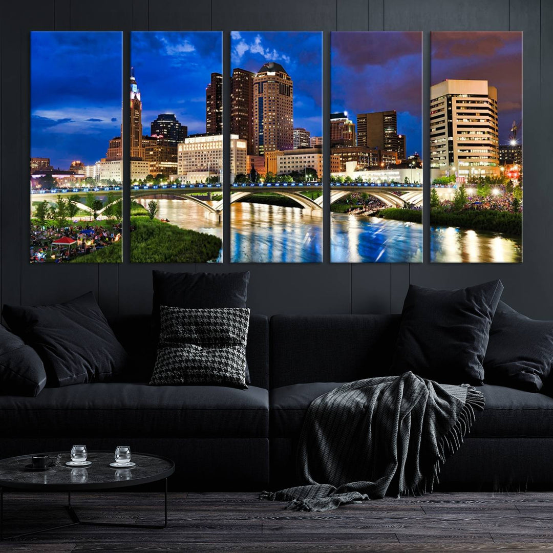 The Columbus City Lights Night Bright Blue Cloudy Skyline Cityscape View Wall Art Canvas Print, crafted on museum-quality canvas and finished with a UV-protective coating, adorns the wall.